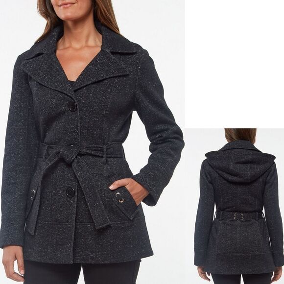 New! JONES NEW YORK Women's Belted Sweater Fleece Coat Hood Black Tweed Small - Picture 1 of 5